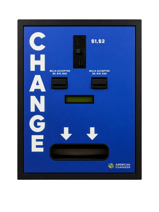 American Changer AC6005 bill changer front with CHANGE decal, two bill acceptors, LCD display and coin tray