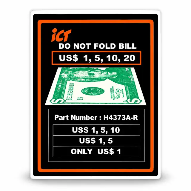 ICT H4373A-R Bill Validator Decal - Do Not Fold Bill US$1-$20
